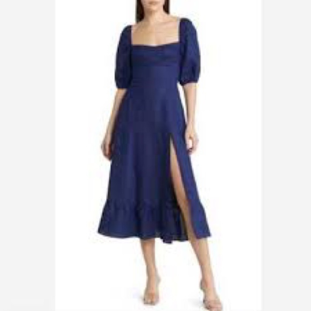 Reformation Navy Midi Dress with Puff Sleeves